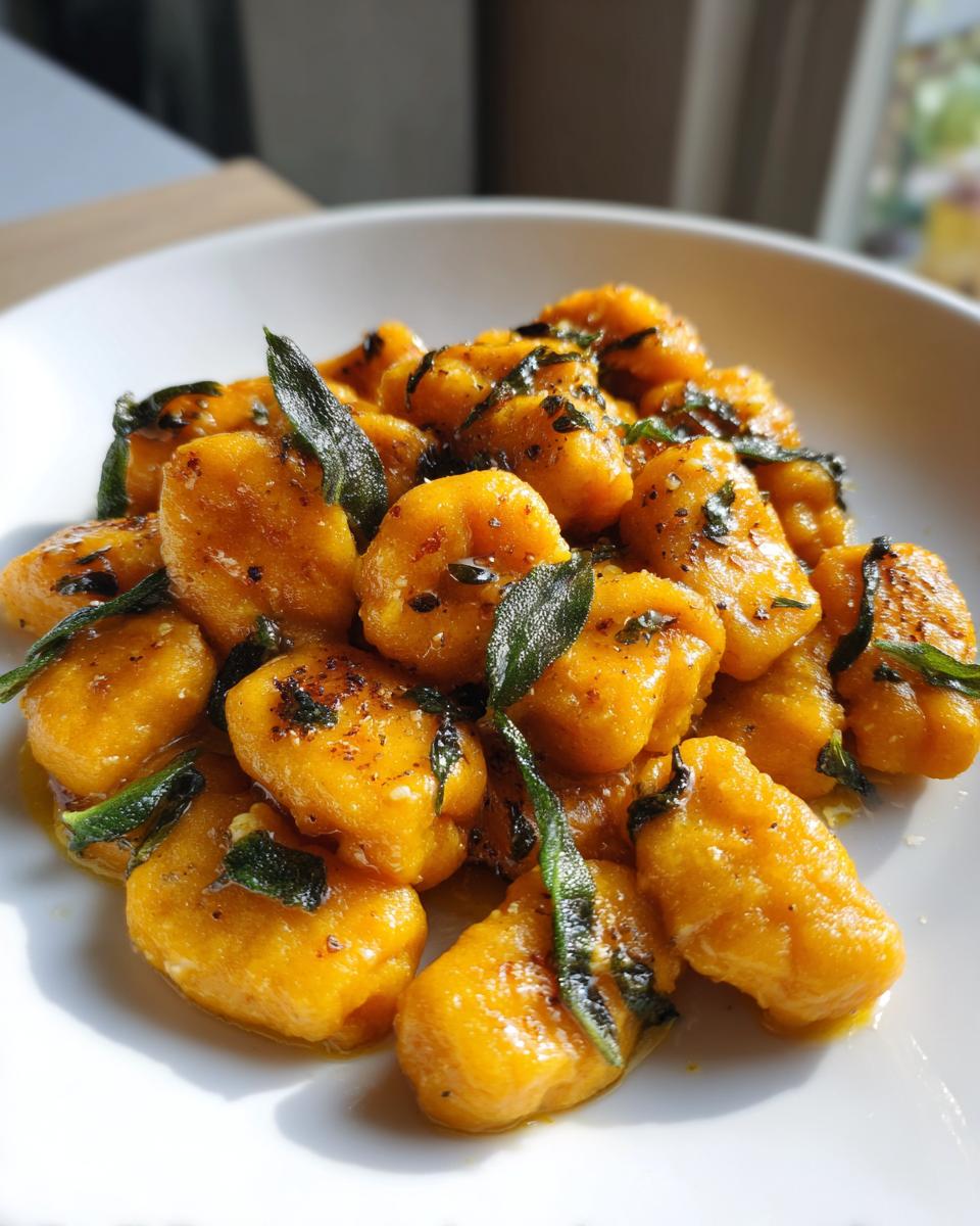 A close-up of fluffy orange sweet potato gnocchi tossed in a brown butter sauce with crispy sage leaves.