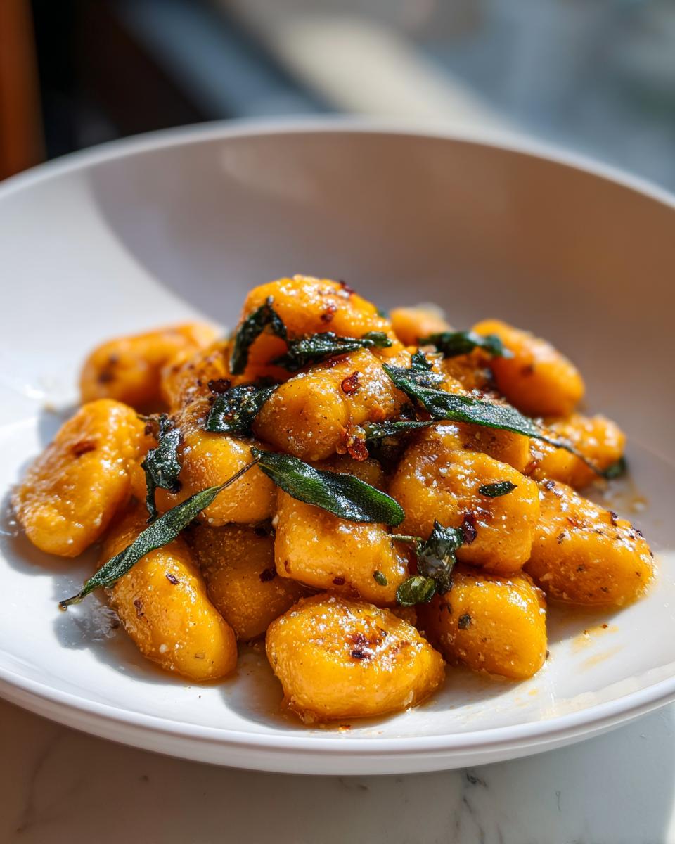 A close-up of bright orange sweet potato gnocchi tossed in a rich sauce with crispy sage leaves.