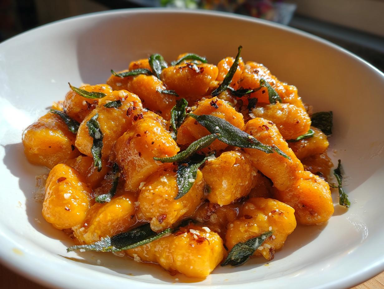 A bowl of vibrant orange sweet potato gnocchi tossed in a glossy sauce with crispy sage leaves.