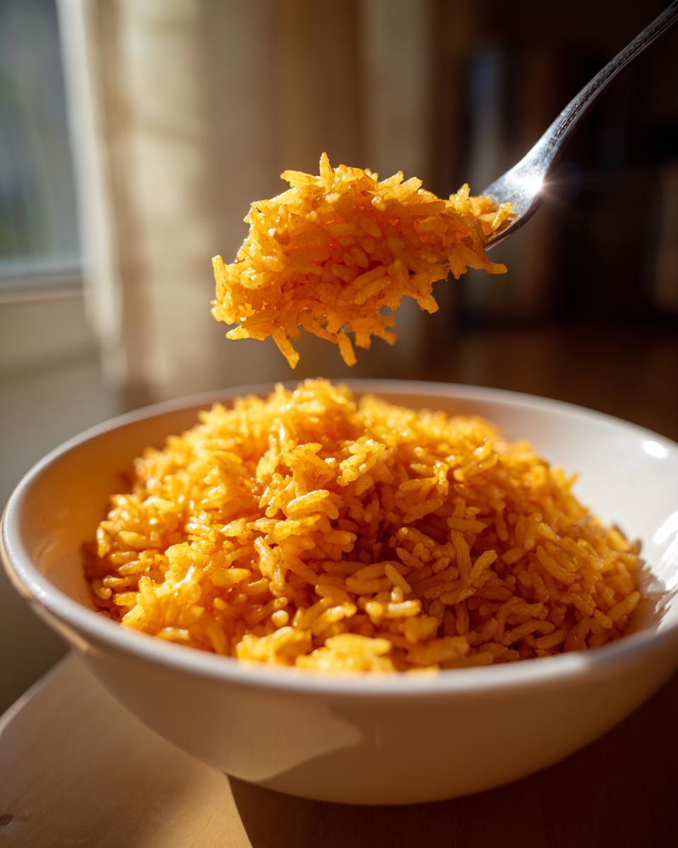 A fork lifting a bite of bright yellow-orange turmeric rice above a full white bowl of turmeric rice.