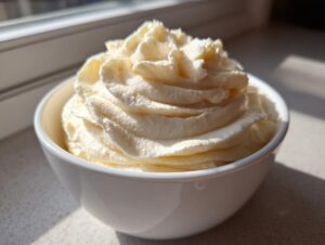 A close-up of fluffy, piped vanilla buttercream frosting piled high in a small white bowl.