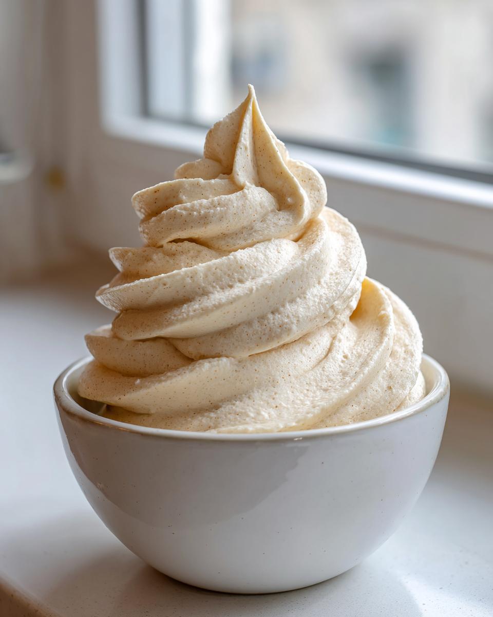 A tall, perfectly piped swirl of fluffy vanilla buttercream frosting speckled with vanilla bean in a small white bowl.