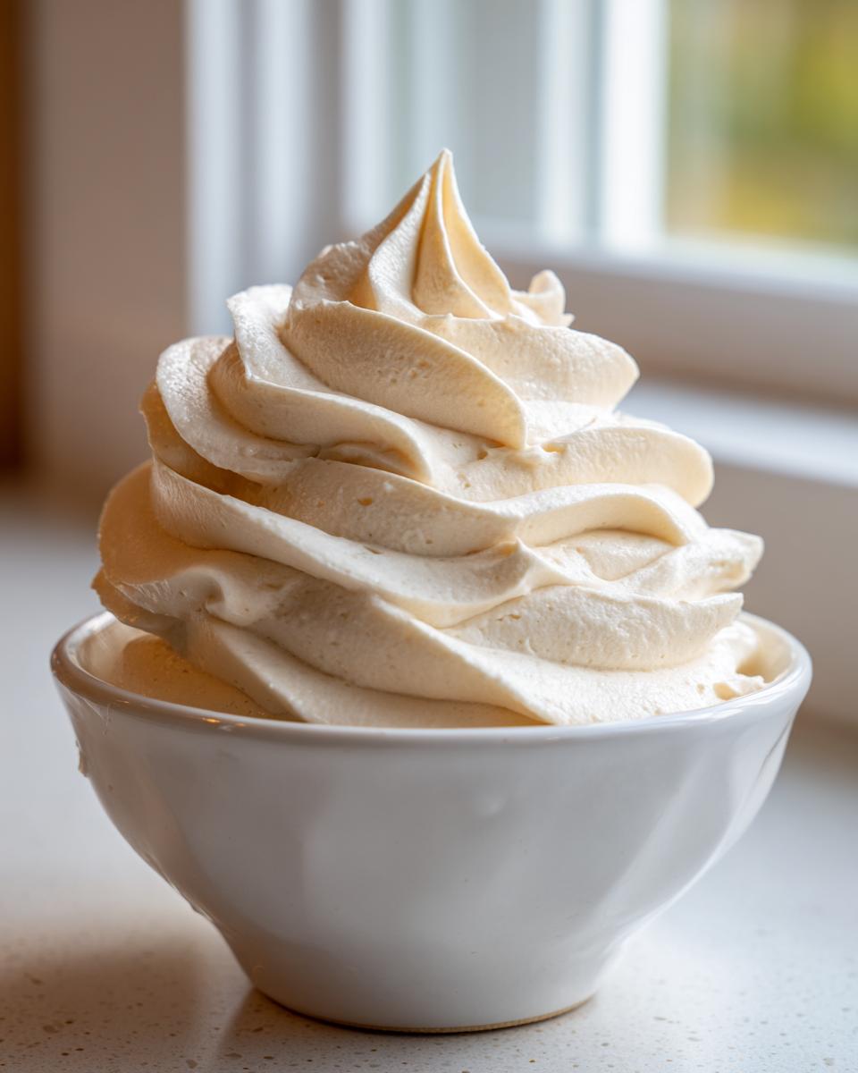 A tall swirl of fluffy vanilla buttercream frosting piped high in a small white bowl.