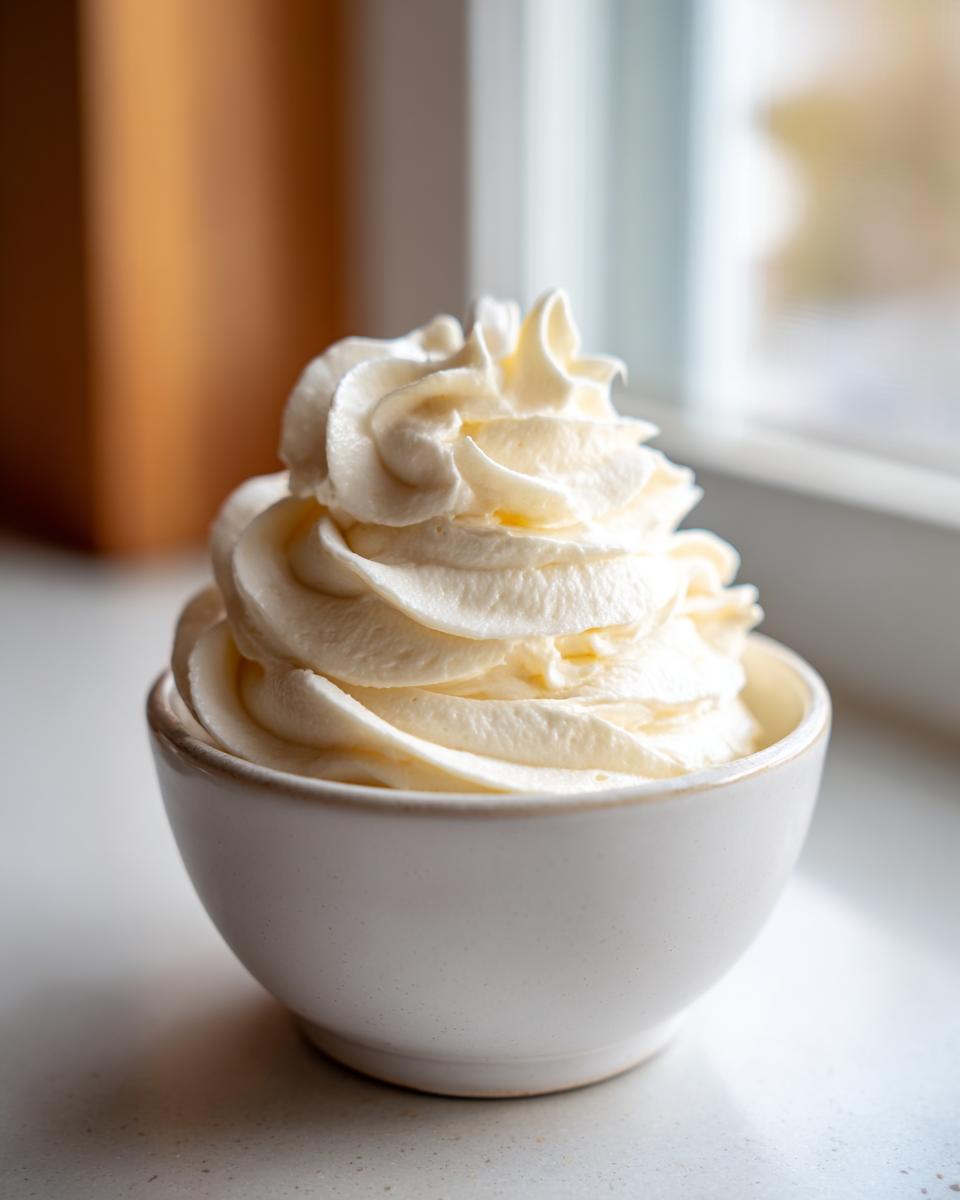 A close-up of perfectly piped, fluffy vanilla buttercream in a small white bowl.