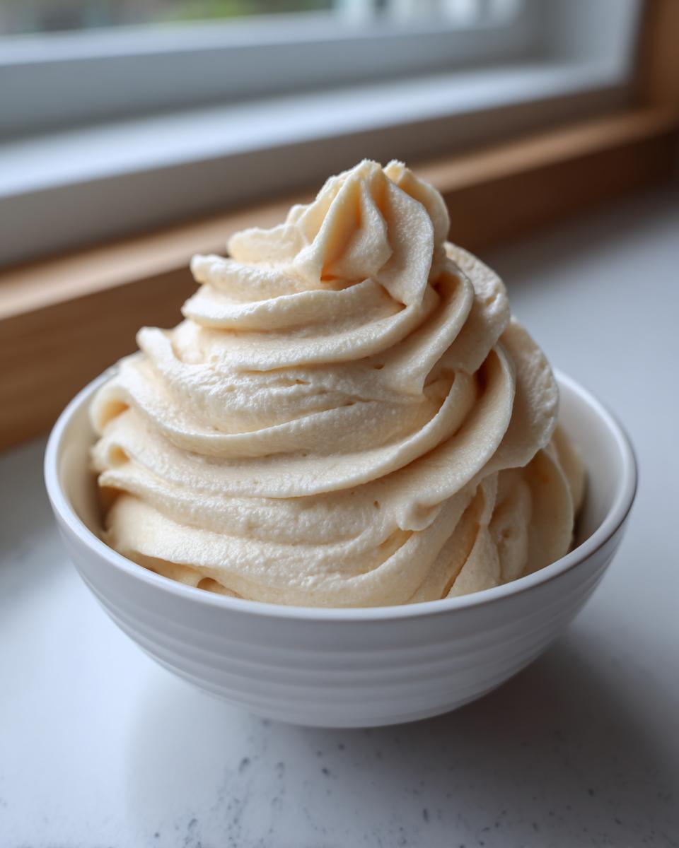 A close-up of perfectly piped, fluffy vanilla buttercream in a small white bowl.