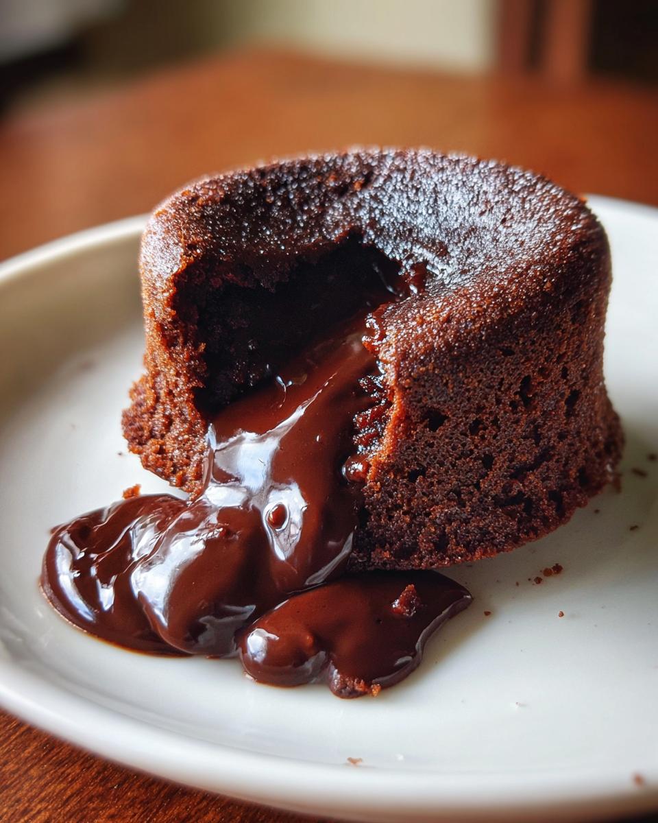 Close-up of a single chocolate lava cake with molten chocolate flowing out onto a white plate.