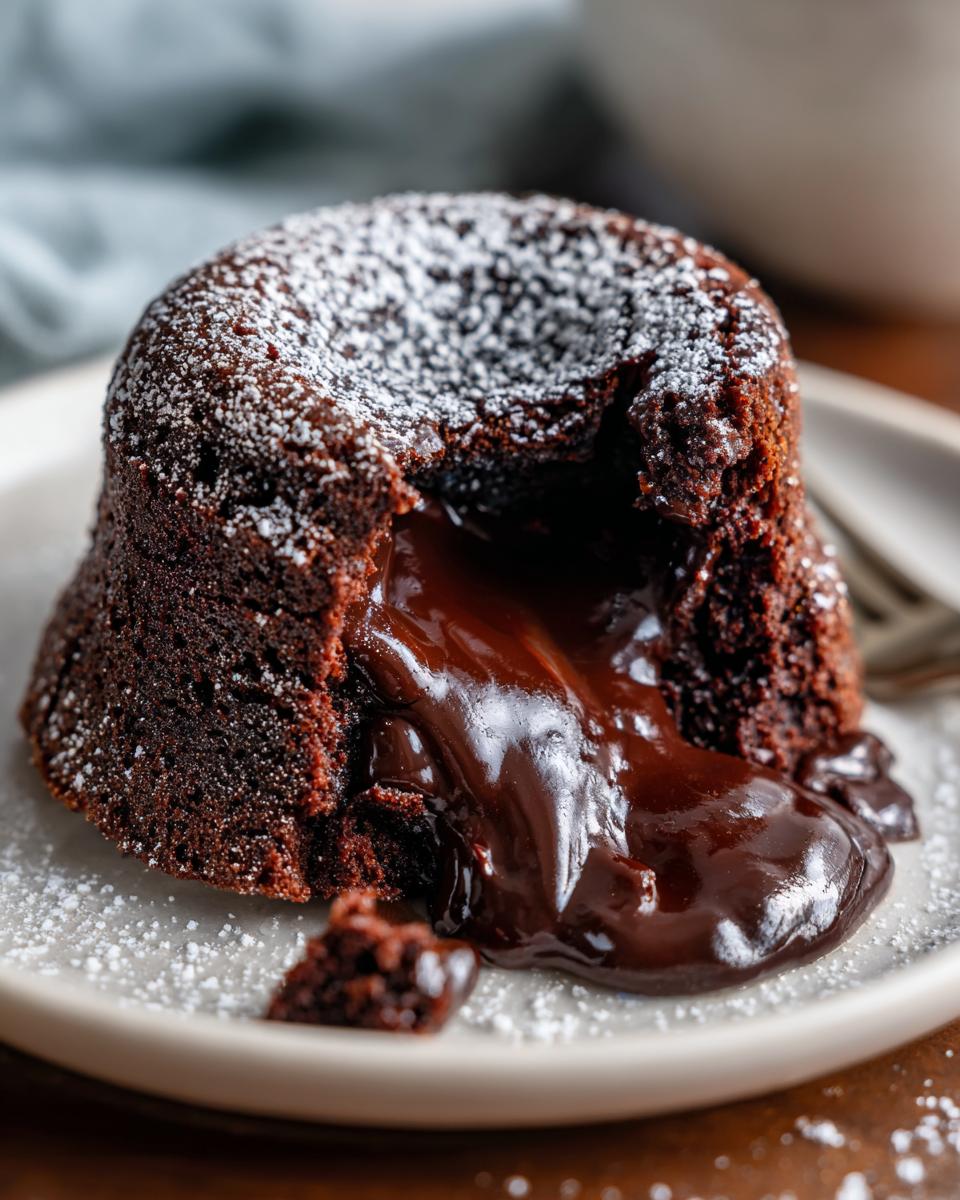 Close-up of a freshly baked chocolate lava cake with molten chocolate oozing out, dusted with powdered sugar.
