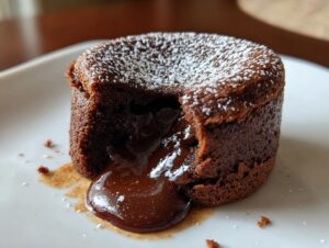 Close-up of a freshly baked chocolate lava cake with powdered sugar, showing the molten chocolate center oozing out.