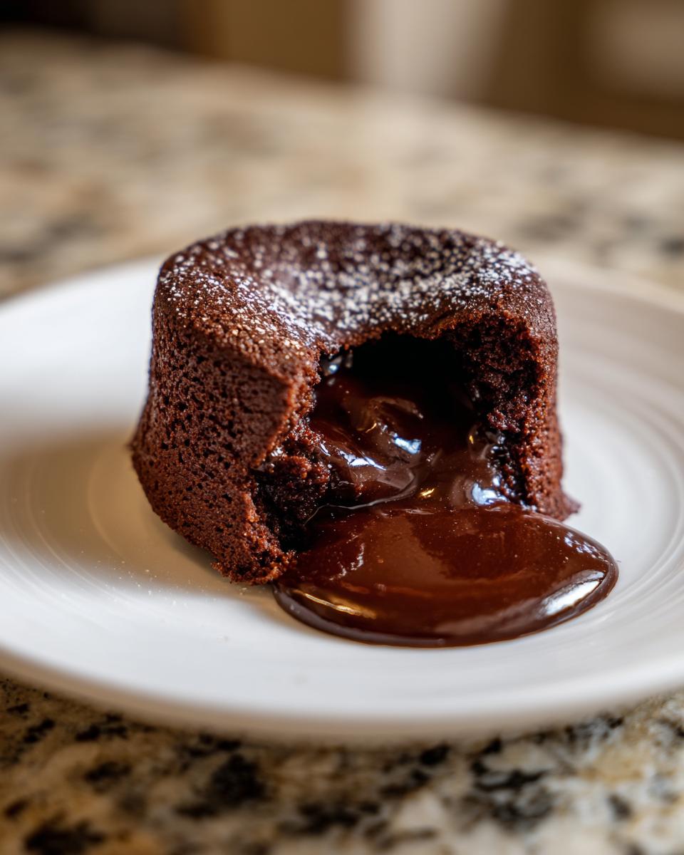 A warm chocolate lava cake dusted with powdered sugar, cut open to reveal a flowing molten center.