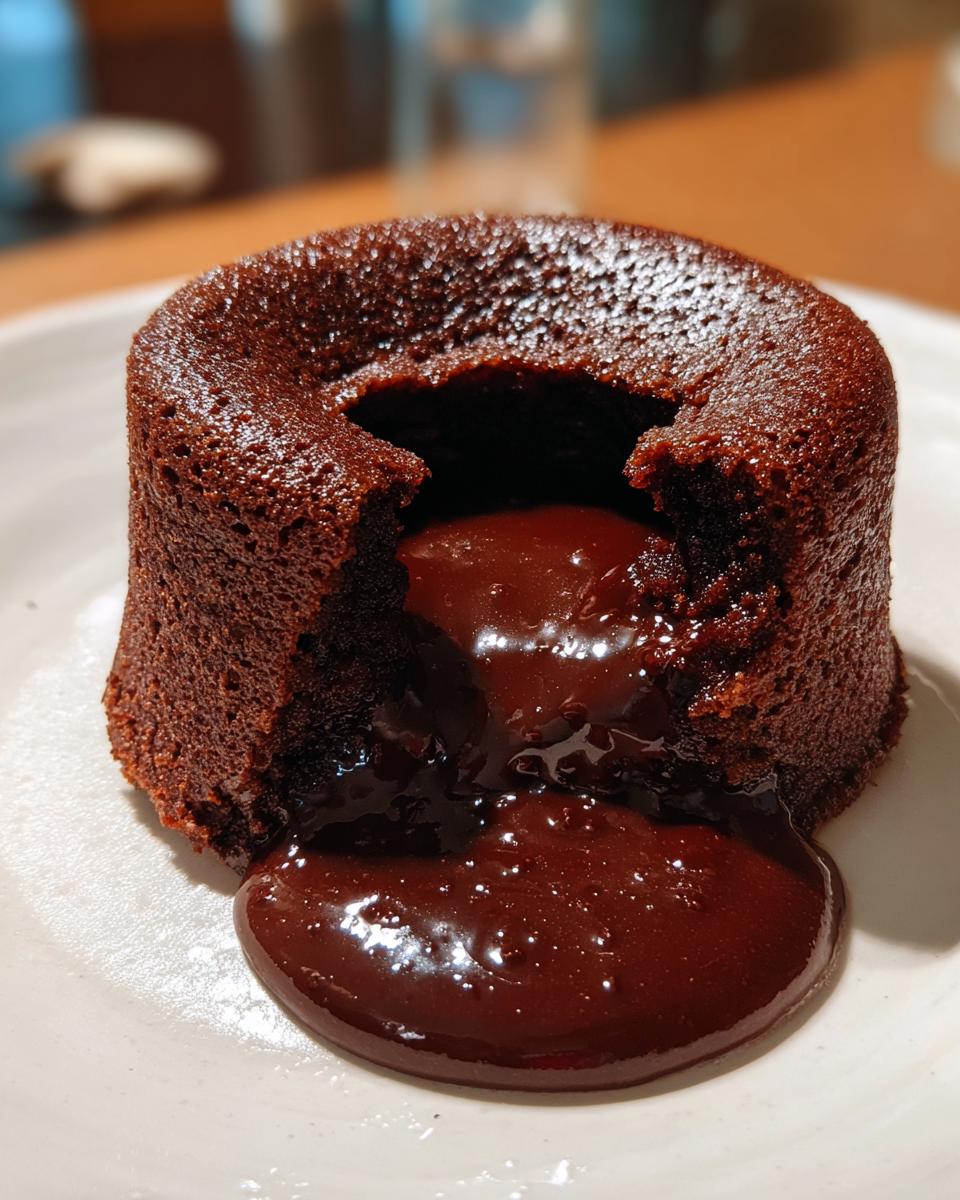 Close-up of a freshly baked chocolate lava cake with the molten center oozing out onto a white plate.