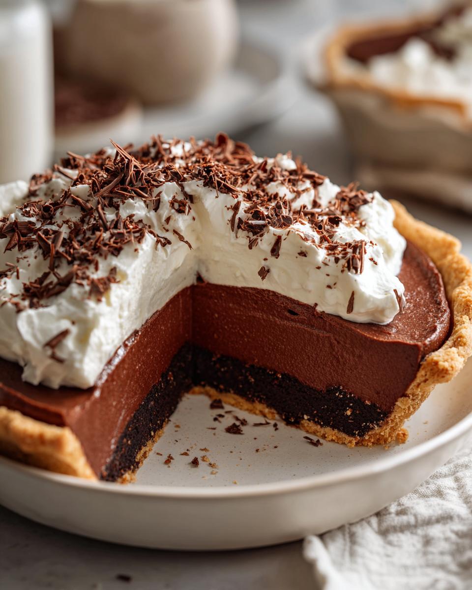 A cross-section view of a decadent french silk pie topped with whipped cream and dark chocolate shavings.
