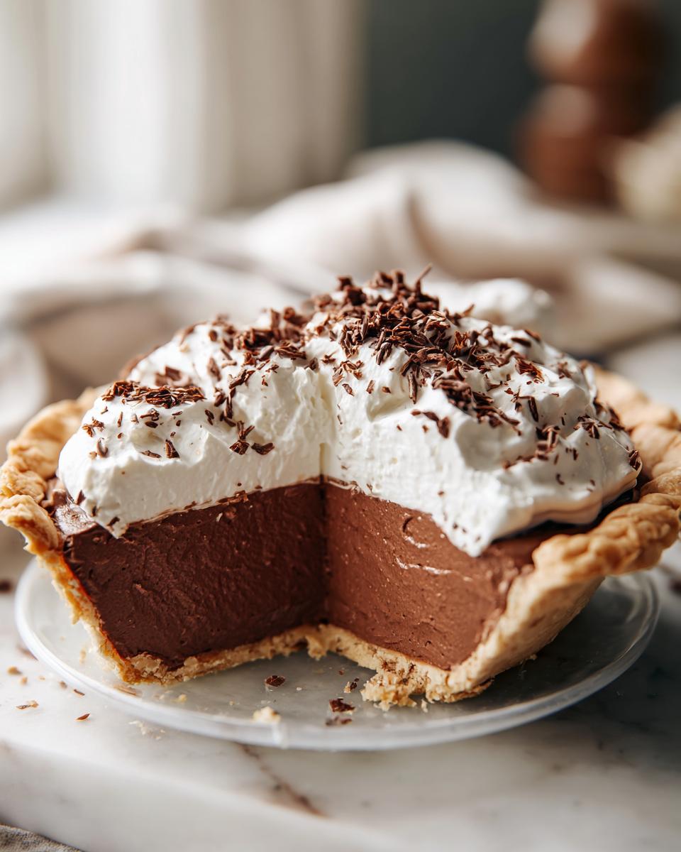 A slice removed from a rich french silk pie showing the thick chocolate filling, topped with whipped cream and chocolate shavings.