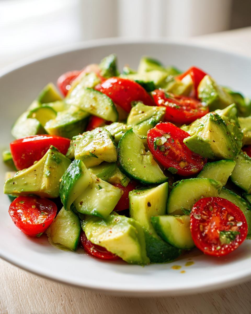 Close-up of a fresh avocado salad featuring chunks of avocado, sliced cherry tomatoes, and cucumber pieces.