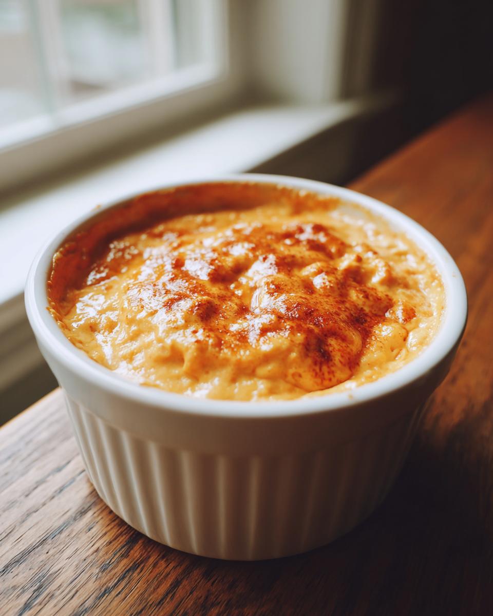 Close-up of a freshly baked beer cheese dip with a browned, bubbly top, served in a white ramekin.