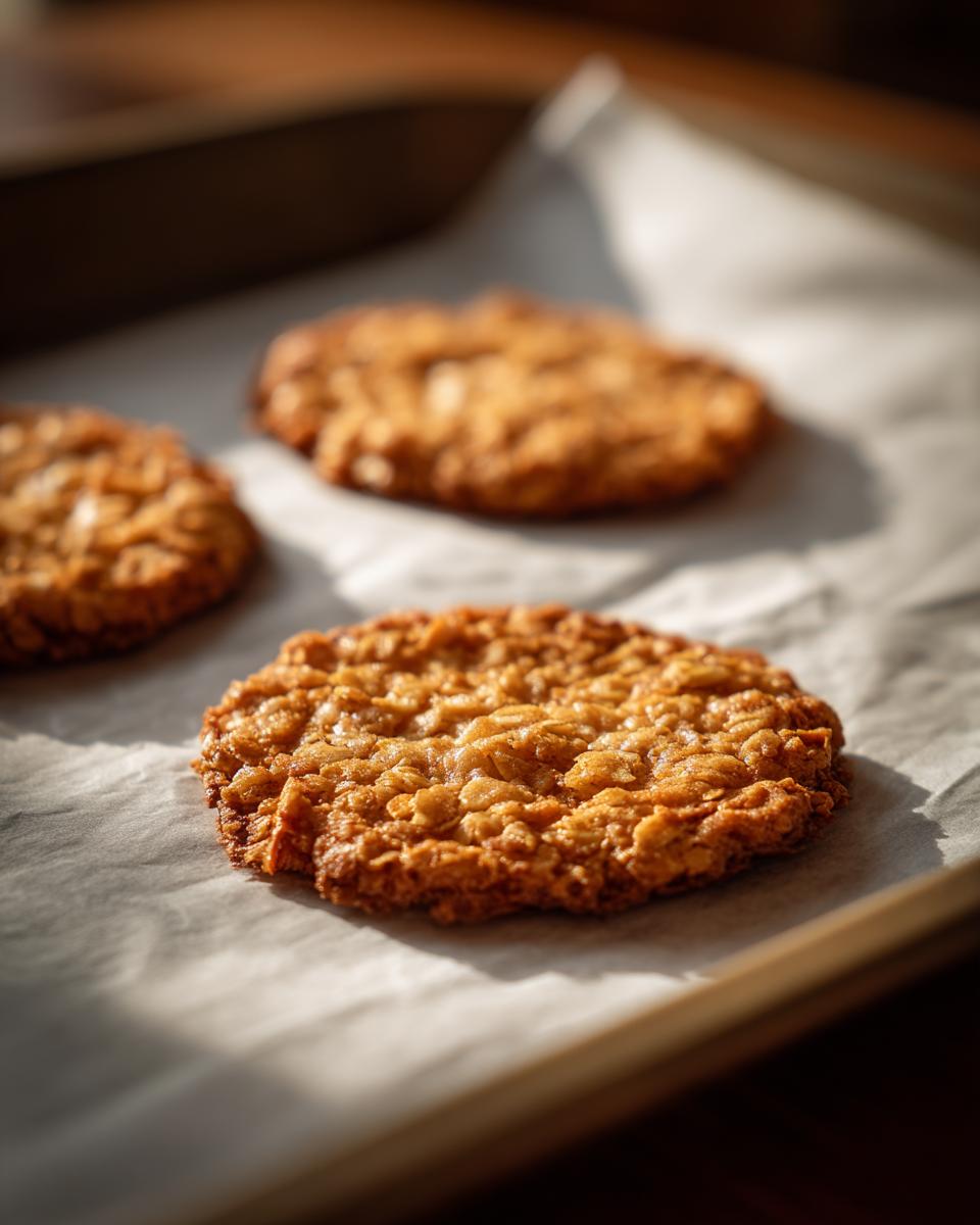 Close-up of golden brown, crispy oatmeal lace cookies cooling on parchment paper on a baking sheet.