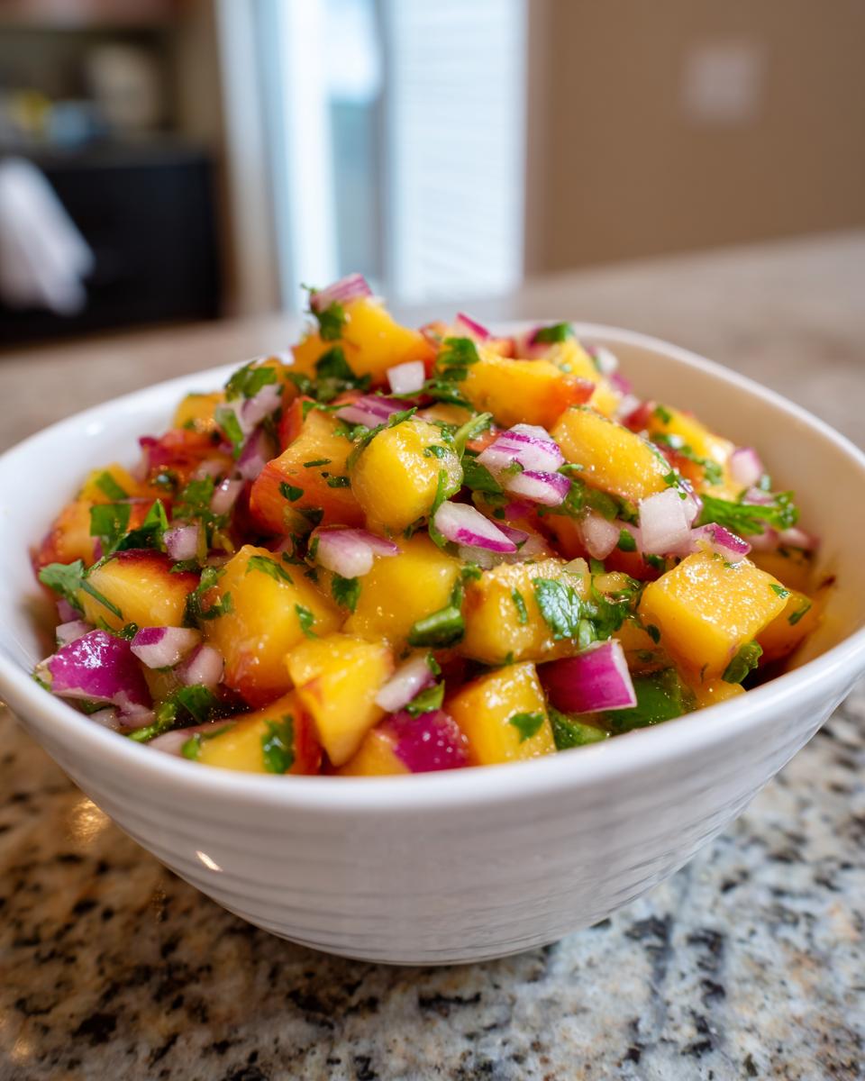 Close-up of vibrant peach salsa featuring diced yellow peaches, red onion, and cilantro in a white bowl.