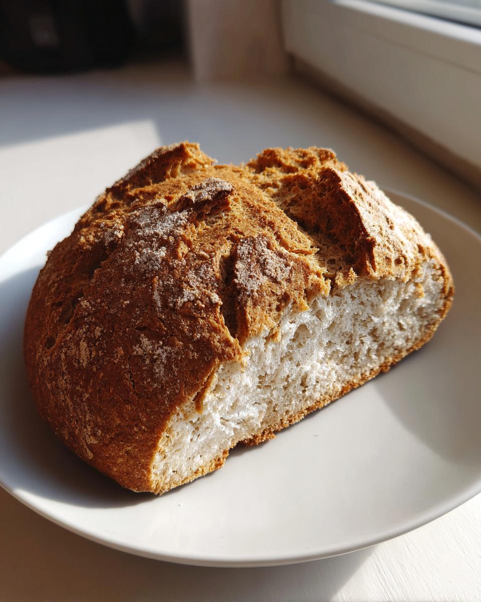 A rustic half loaf of golden brown soda bread with a flour dusting, resting on a white plate near a window.