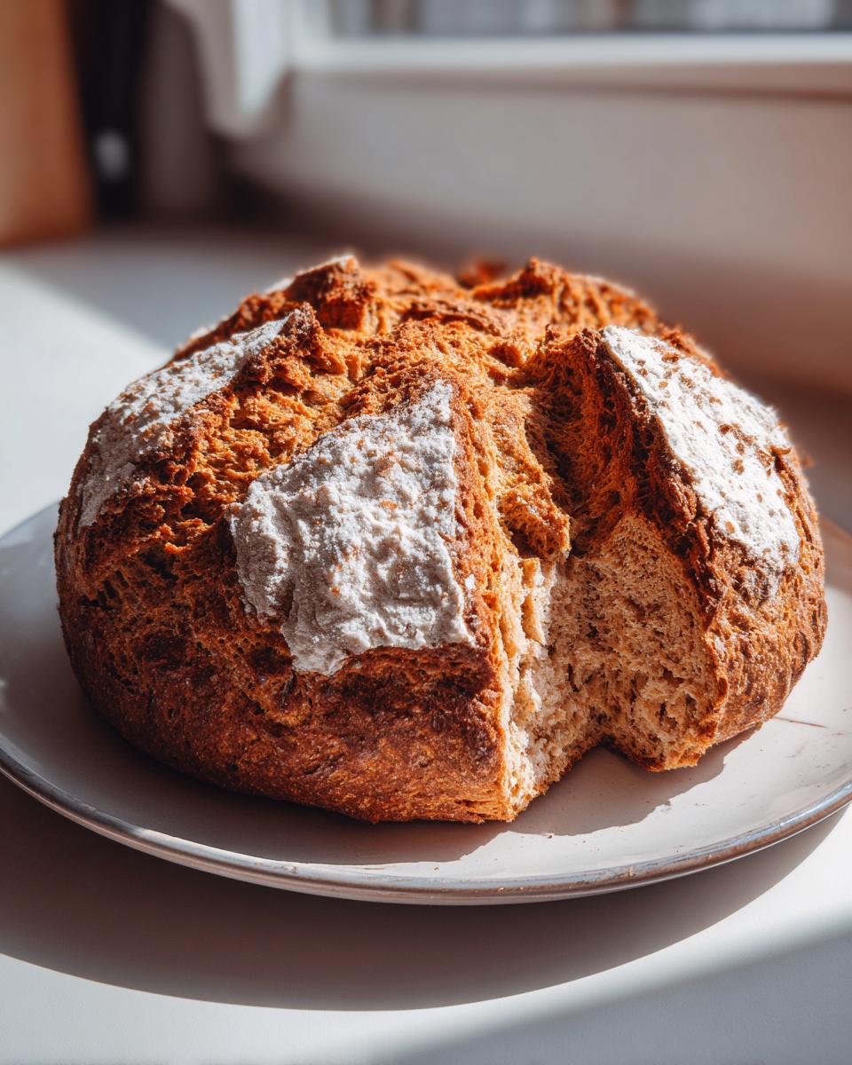 A rustic, round loaf of freshly baked soda bread with a deep brown crust and a piece cut out, sitting on a light plate.