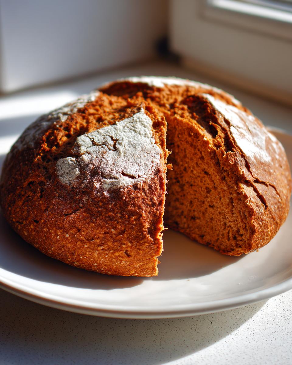 A round loaf of dark brown soda bread, dusted with flour, sitting on a white plate with one slice cut out.