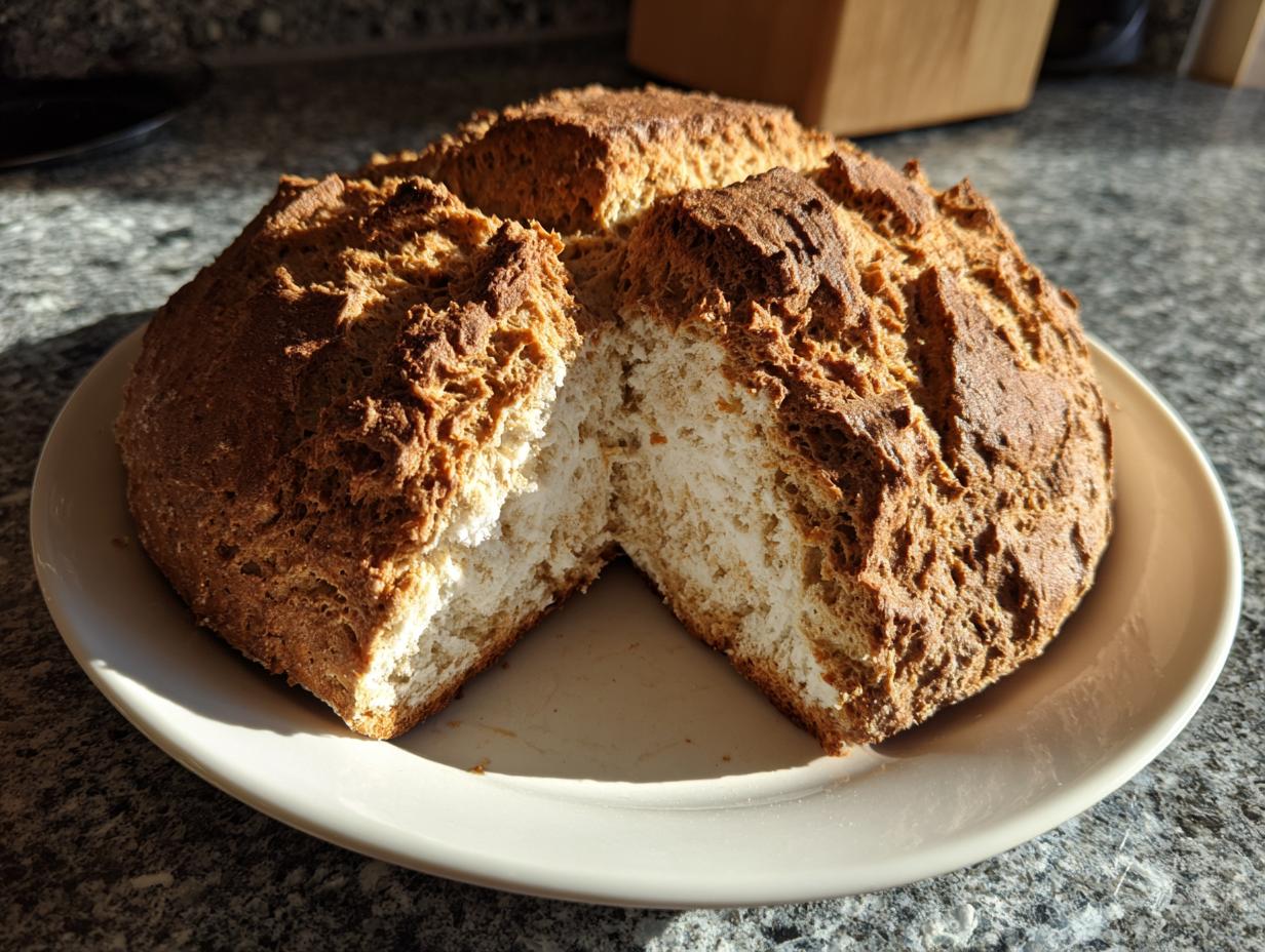 A rustic loaf of freshly baked soda bread, split open to show the soft interior, sitting on a white plate.