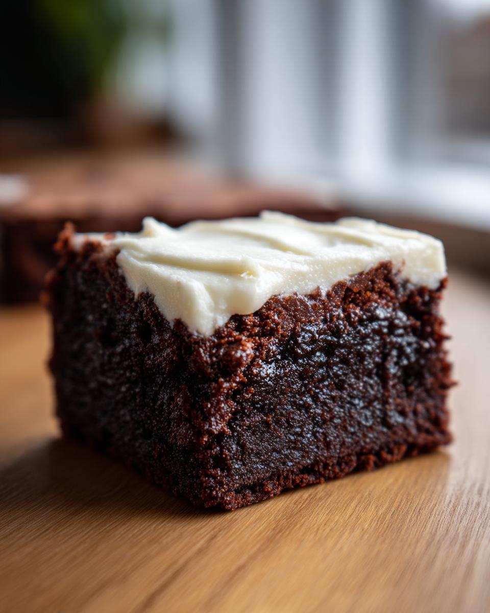 A single, rich, dark square of gingerbread brownies topped with thick white cream cheese frosting.