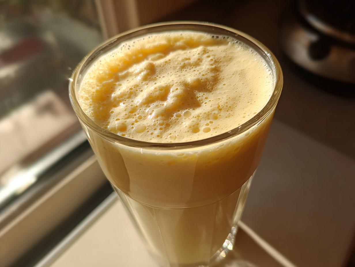 Close-up of a tall glass filled with a thick, frothy yellow banana smoothie, catching warm sunlight near a window.
