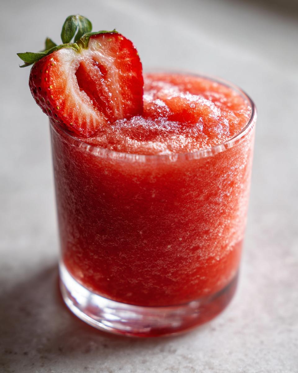 A close-up of a vibrant, frozen strawberry daiquiri garnished with a fresh, halved strawberry.