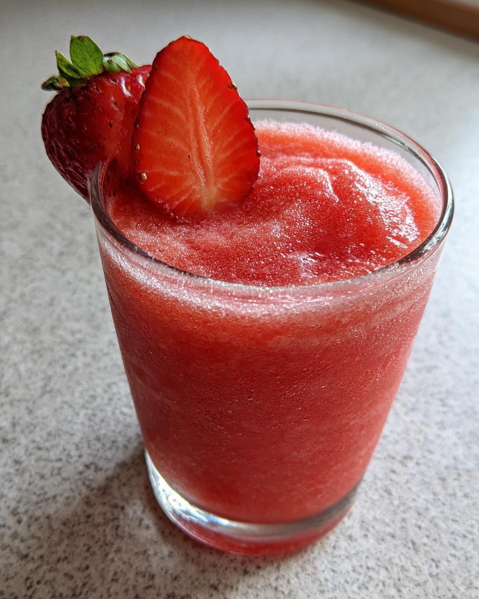 Close-up of a vibrant, icy strawberry daiquiri garnished with a fresh strawberry slice.