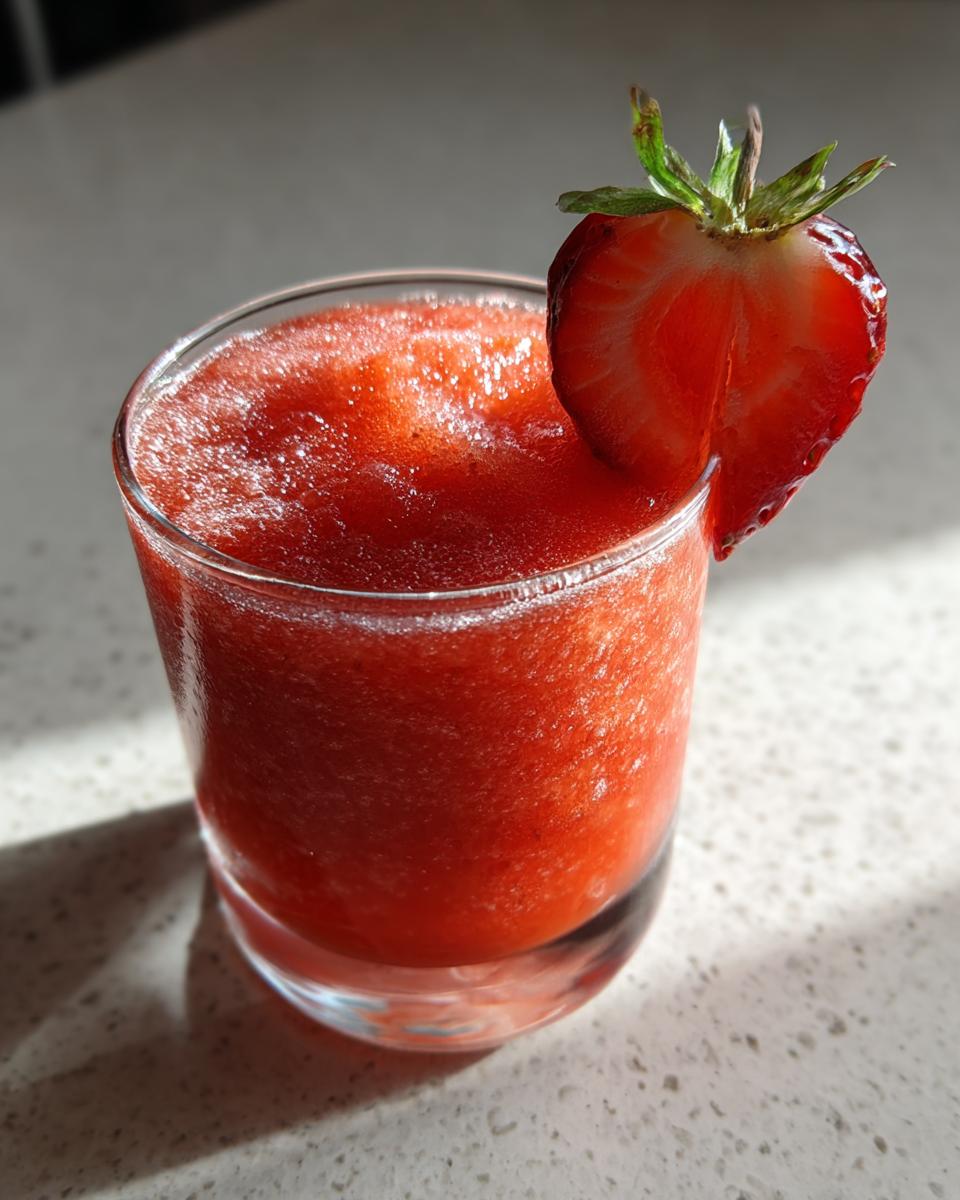 Close-up of a vibrant, frozen strawberry daiquiri garnished with a fresh strawberry slice.