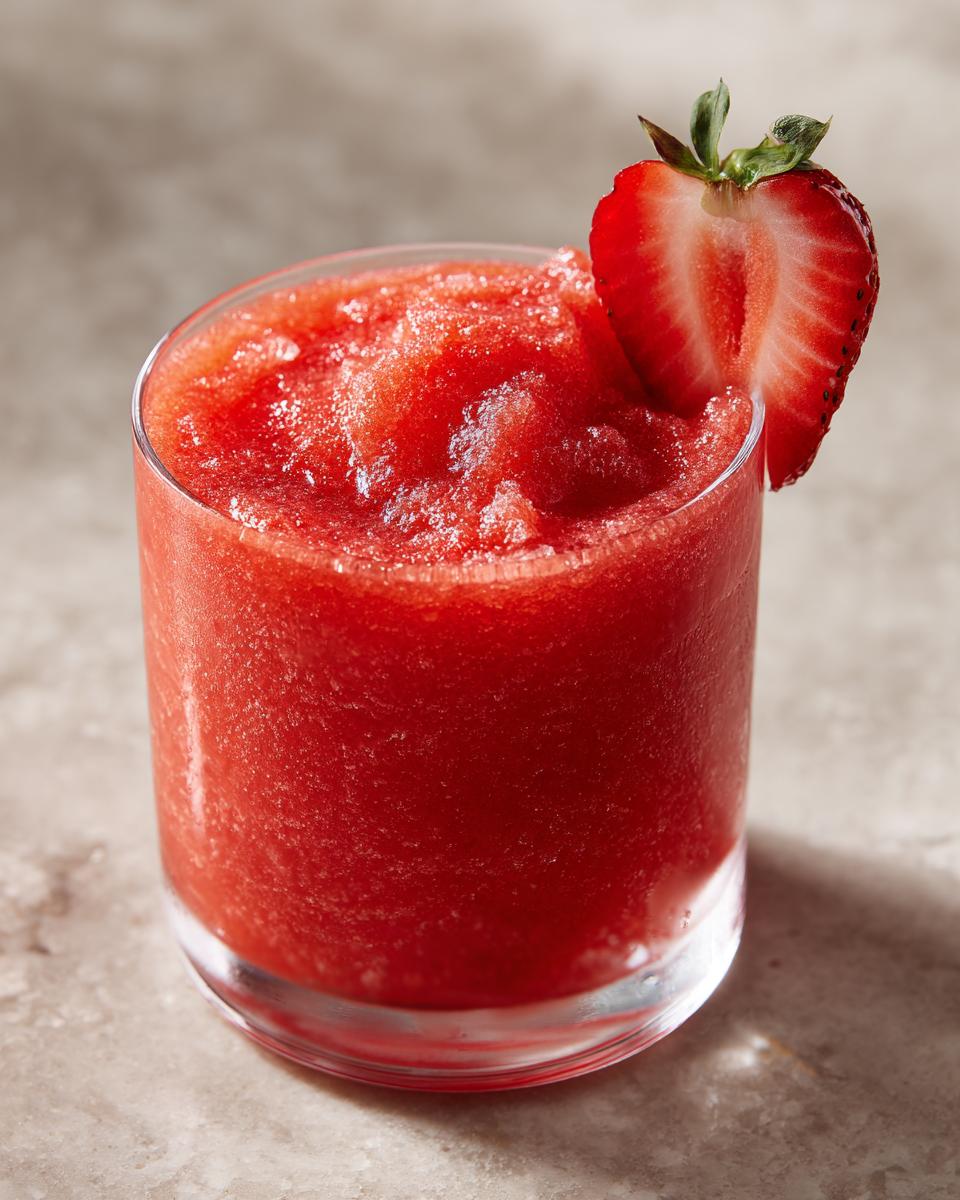 Close-up of a vibrant, frozen strawberry daiquiri garnished with a fresh strawberry slice.