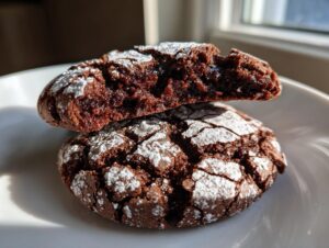 Two rich, dark chocolate crinkle cookies dusted with powdered sugar, one broken open to show the fudgy interior.