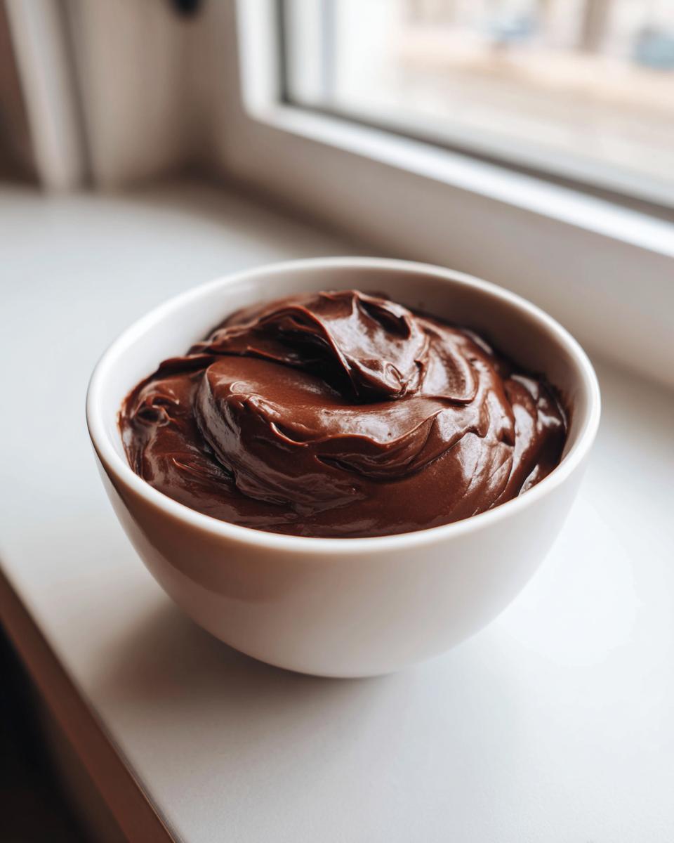A close-up of thick, glossy chocolate dip swirled in a white bowl, set near a window.