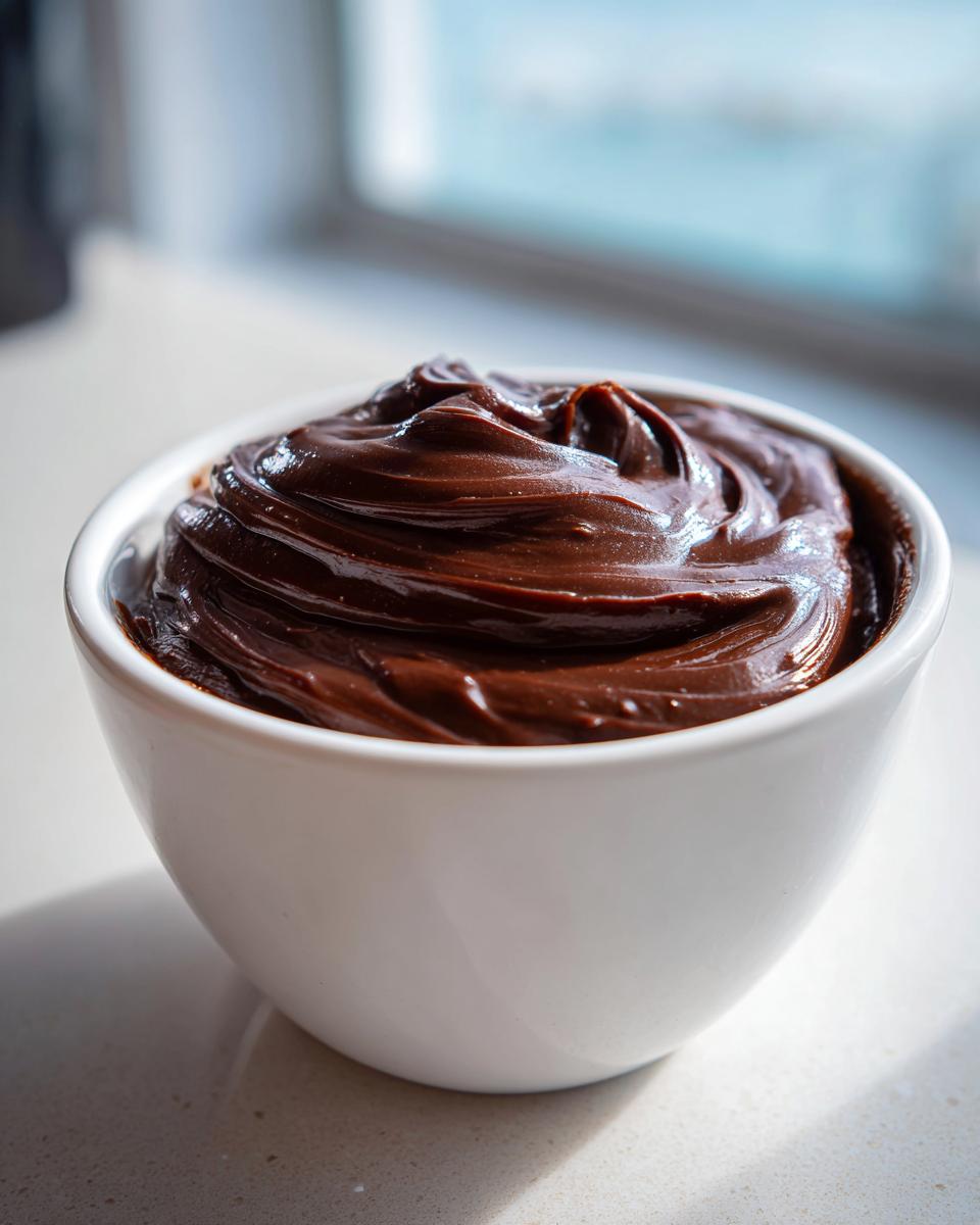 A close-up of thick, glossy, dark brown chocolate dip swirled high in a small white bowl.