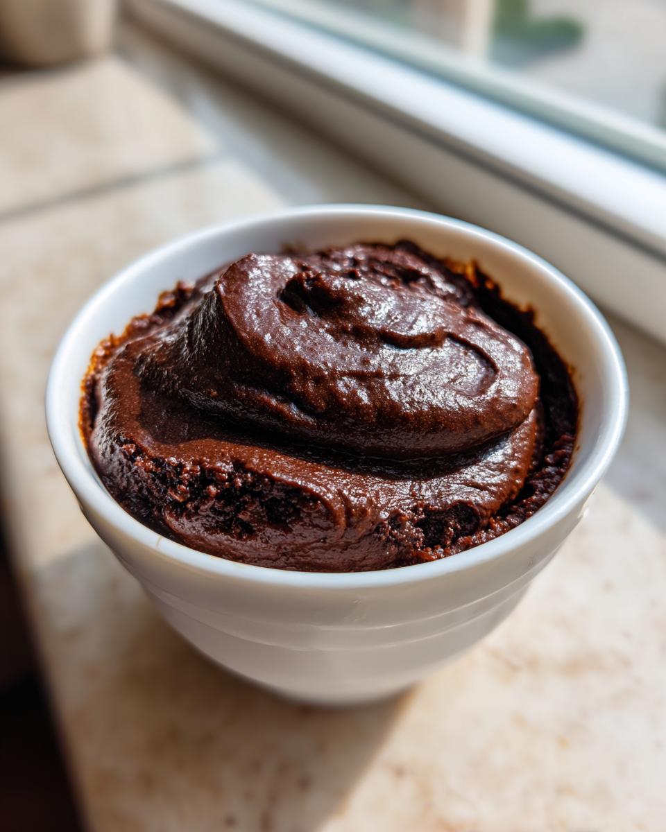 Close-up of a thick, dark brown chocolate dip swirled in a small white bowl, set near a bright window.
