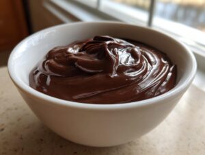 A close-up of thick, glossy, dark chocolate dip swirled perfectly in a small white bowl.