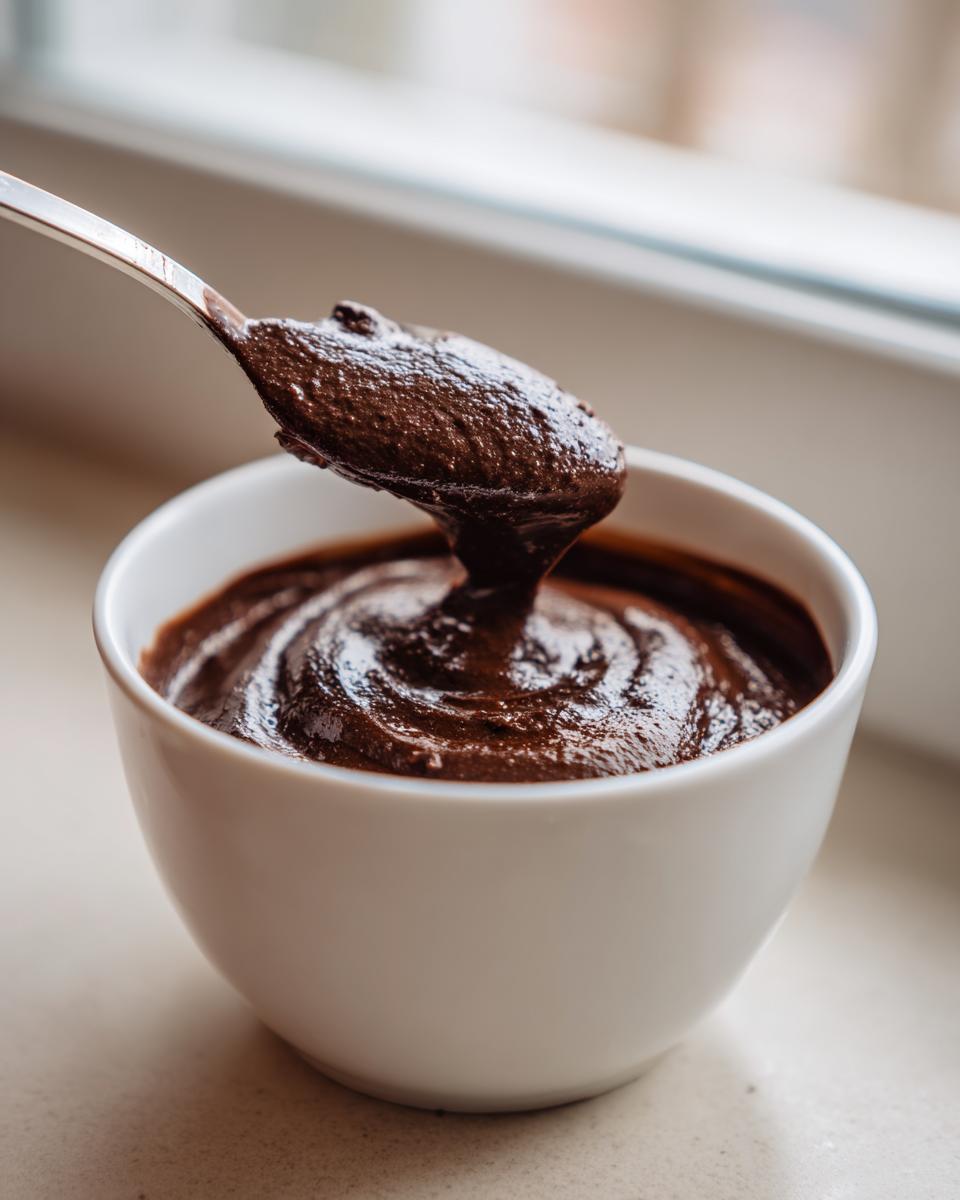 A spoonful of thick, dark chocolate dip being lifted from a small white bowl, showing its rich texture.