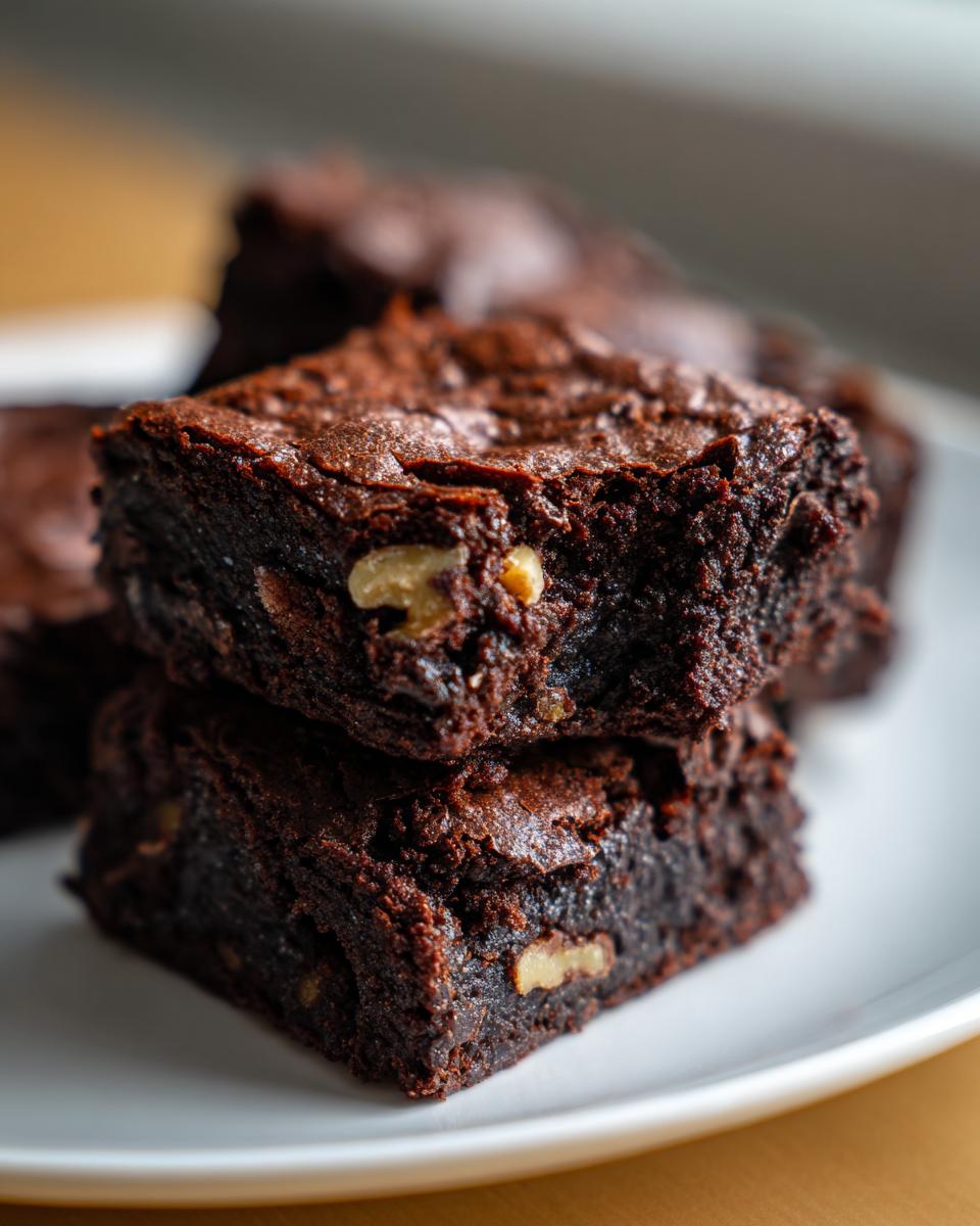 Close-up of two fudgy date brownies stacked, showing walnuts embedded in the rich chocolate texture.