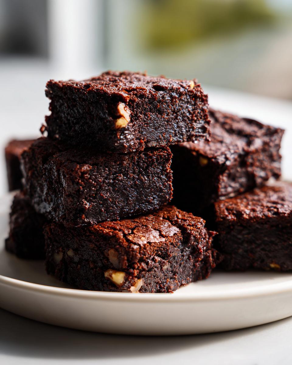 Close-up of a stack of fudgy date brownies, showing their dense texture and visible pieces of nuts.