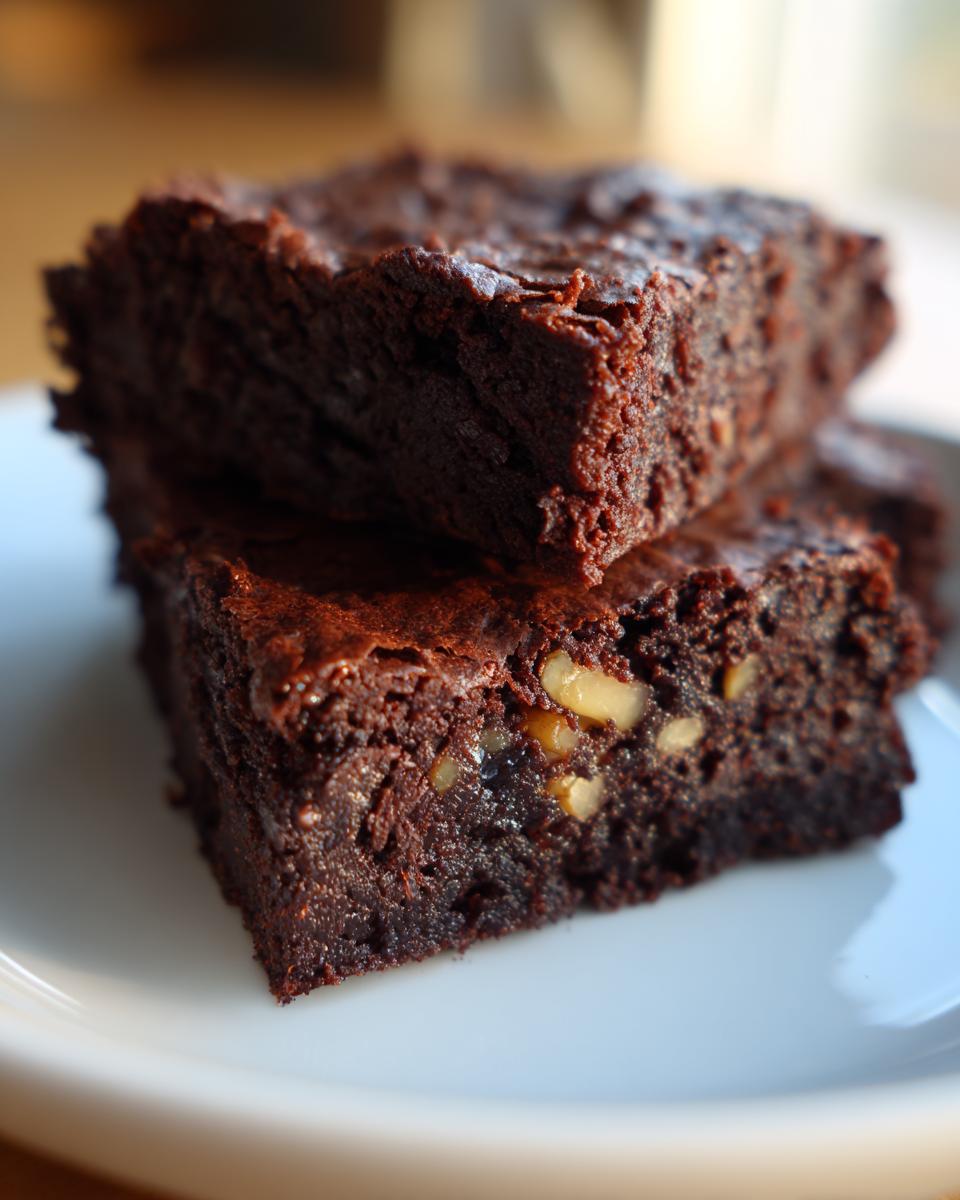 Two fudgy date brownies stacked on a white plate, showing a dense, dark interior with visible nuts.