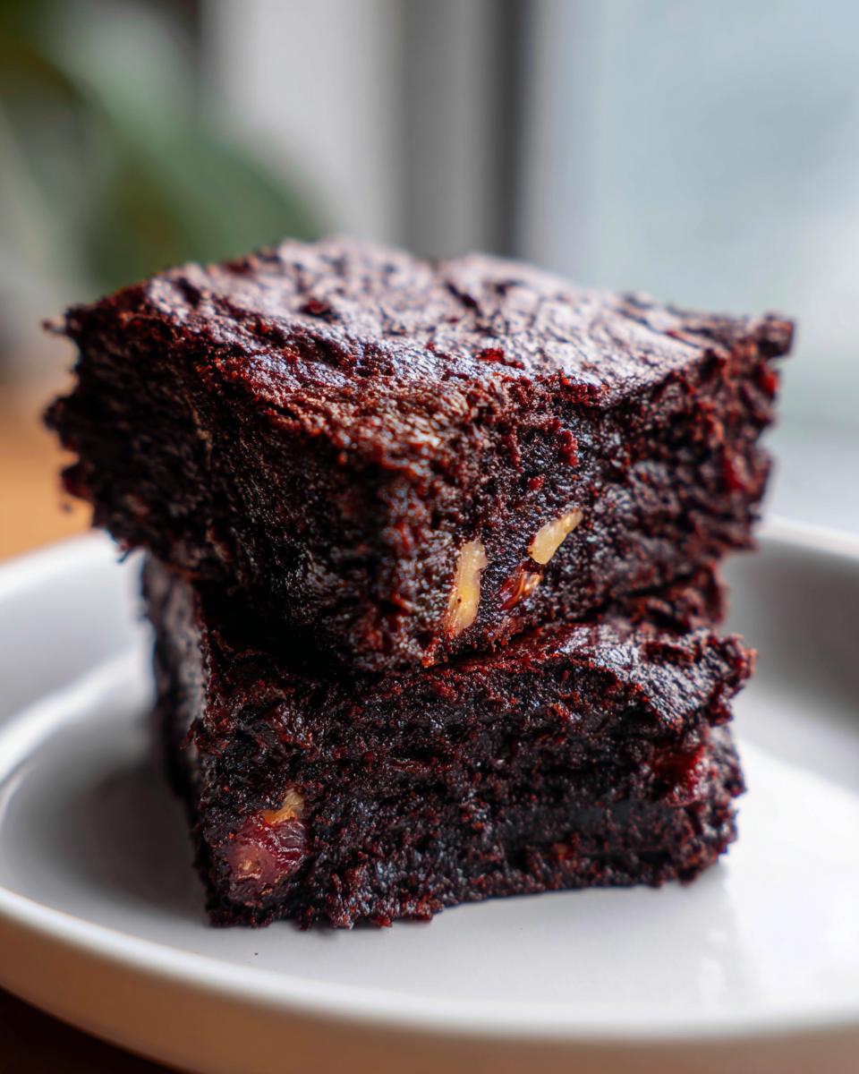 Close-up of two fudgy date brownies stacked, showing their rich texture and visible pieces of dates and nuts.