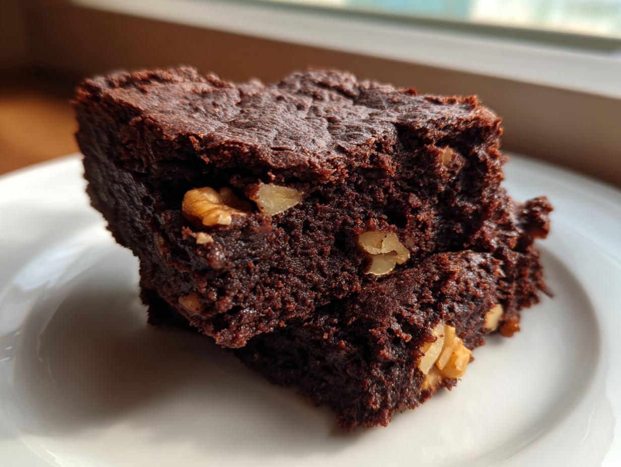 Close-up of two fudgy date brownies stacked on a white plate, showing visible walnuts throughout the rich chocolate texture.