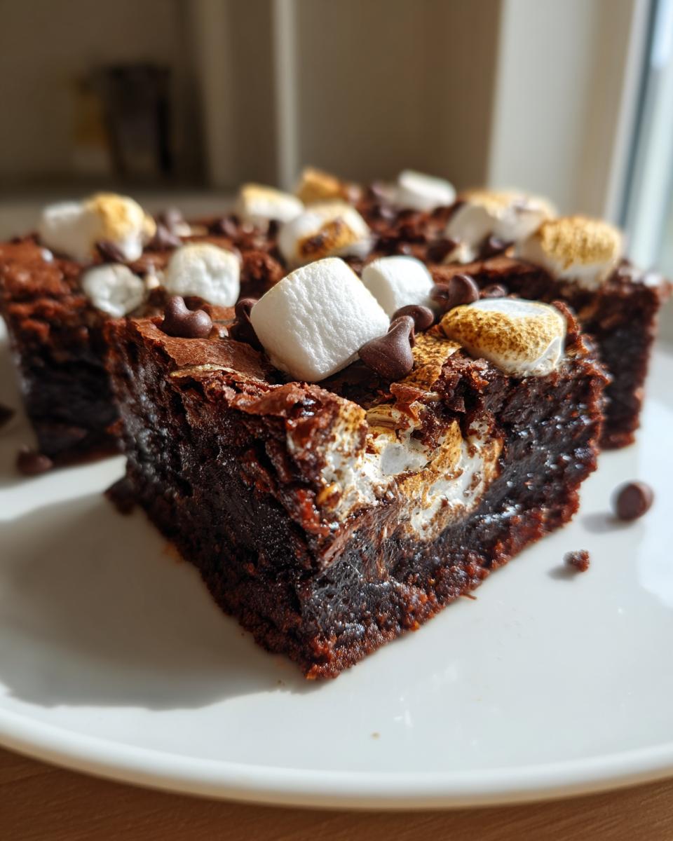 A close-up of a fudgy hot chocolate brownie square topped with toasted marshmallows and chocolate chips.