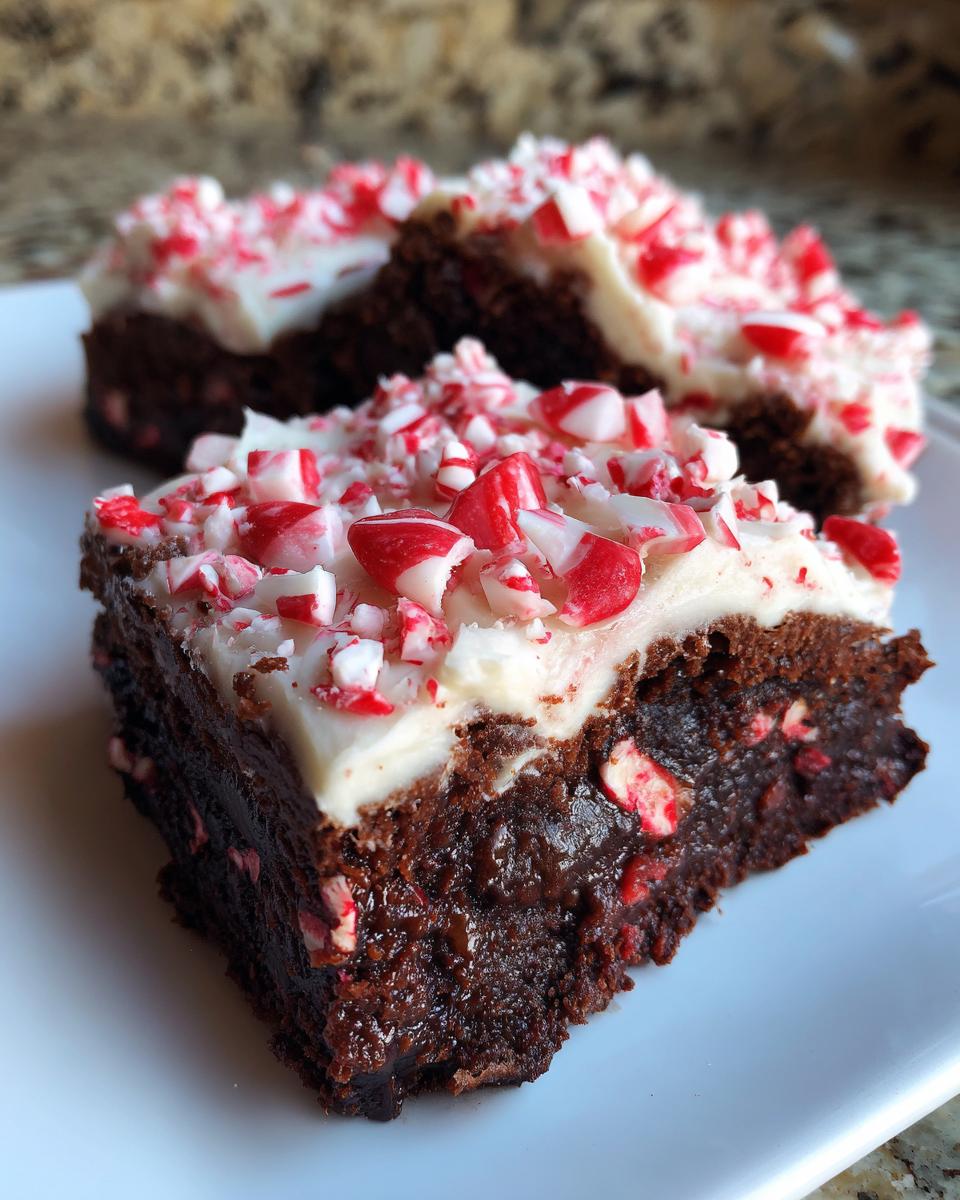 A close-up of two fudgy peppermint brownies topped with white frosting and crushed candy canes.