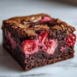 Close-up of a fudgy strawberry brownie slice showing rich chocolate texture and bright red baked strawberries inside.