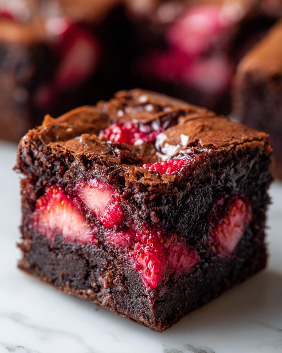 A close-up, fudgy square of strawberry brownies showing bright red strawberry pieces baked inside the dark chocolate batter.