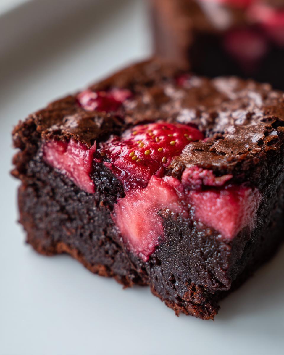 A close-up, cross-section view of a fudgy strawberry brownie showing the rich dark chocolate interior and bright pink strawberry swirl.