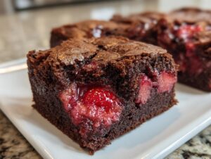Close-up of a fudgy strawberry brownies square showing a bright red, baked strawberry embedded in the dark chocolate center.