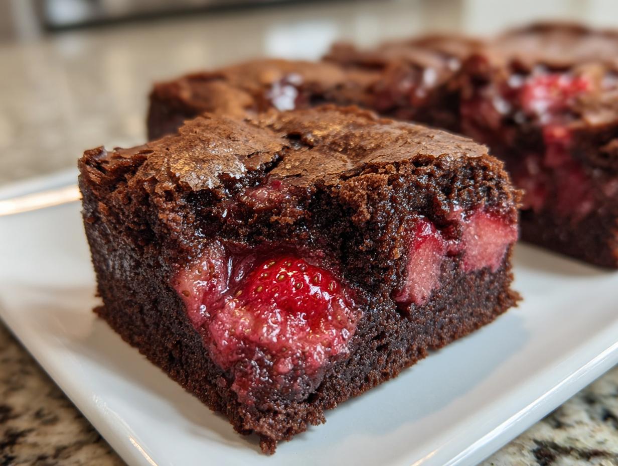 Close-up of a fudgy strawberry brownies square showing a bright red, baked strawberry embedded in the dark chocolate center.