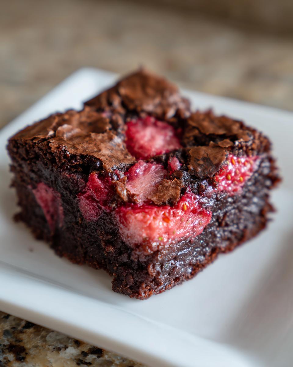 Close-up of a fudgy strawberry brownie square with visible pieces of bright red strawberry baked inside.