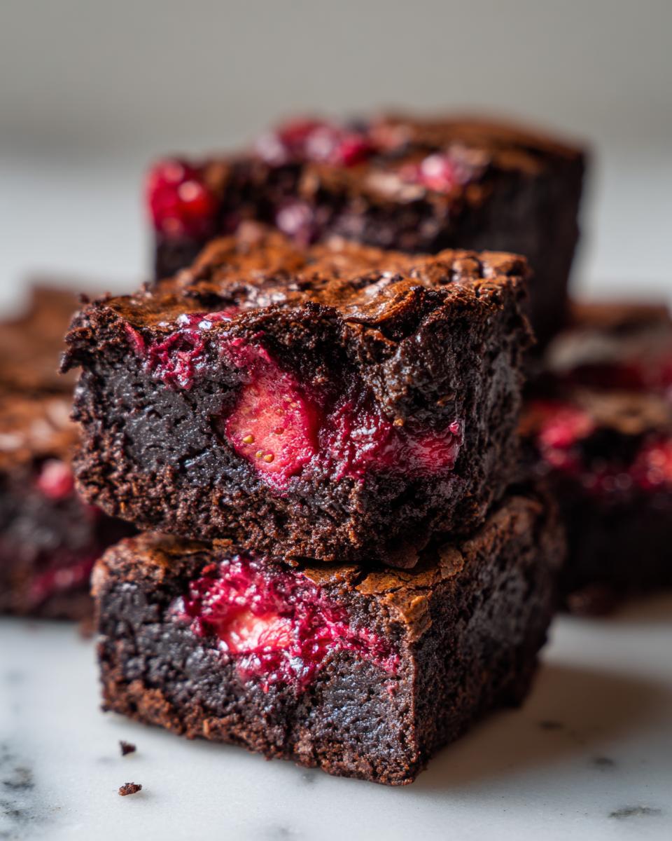 Two fudgy strawberry brownies stacked, showing the moist interior and bright red strawberry pieces inside the dark chocolate.